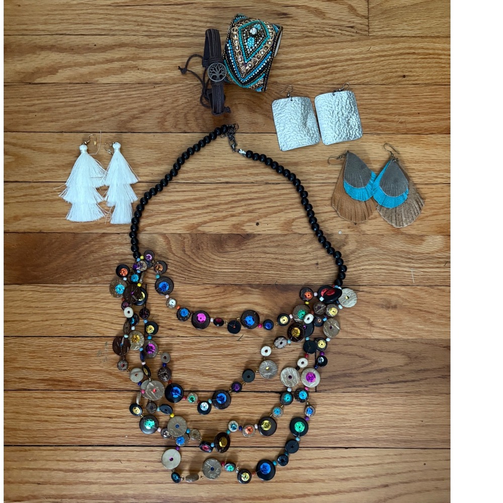 Boho Jewelry Bundle Multi Strand Necklace Beaded Cuff Leather‎ Wrap Earrings Lot